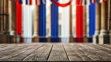 Empty wooden table with blurred American flag backdrop photo