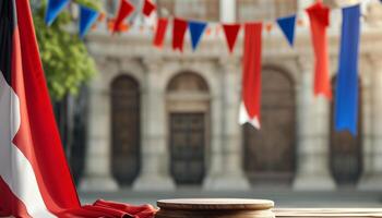 Empty wooden table with blurred festive background photo