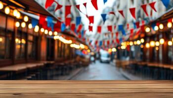 Empty wooden table with blurred festive street background photo