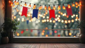 Festive balcony scene with string lights and bunting photo