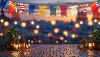 Festive bunting and lights at sunset photo