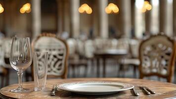 Fine dining setting, empty plate, restaurant ambiance photo