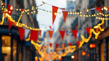 Festive street decorations, red and white flags, lights photo