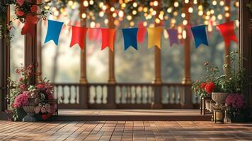 Festive party background with bunting and flowers photo