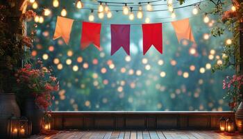 Festive outdoor party scene with string lights and bunting photo