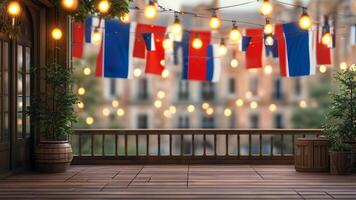 Festive balcony with string lights and flags photo