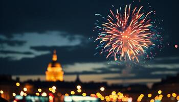 Fireworks over city at night photo