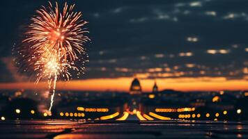 Fireworks over cityscape at sunset photo