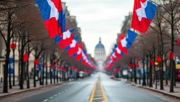 Flags line a Parisian avenue leading to a grand building. photo