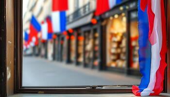 French flags decorate a Parisian street, seen from a window. photo