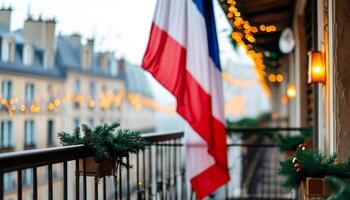 French flag on a balcony with Christmas lights photo