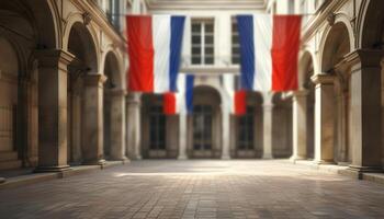 French flags hanging in a historic courtyard. photo