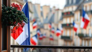 French flags on balconies, Parisian street photo