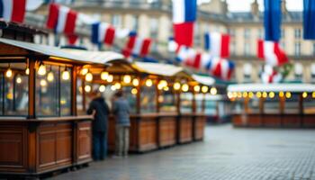 French market stalls with flags photo