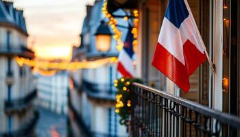 French flag on a balcony at sunset photo