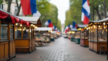 French market street with flags and lights photo