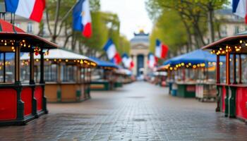 French market street with flags and festive lights photo