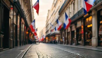 French street with flags, shops, and buildings photo