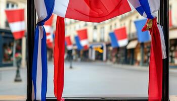 French flags decorating a Parisian street photo