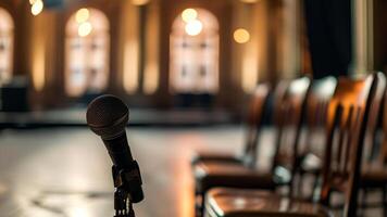 Microphone on stage in empty auditorium photo