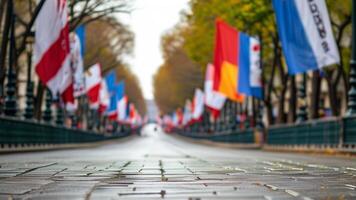 International flags on a paved avenue. Global unity, travel, and international relations concept. photo