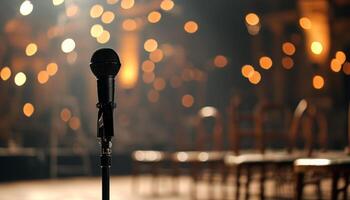 Microphone on stage with bokeh lights photo