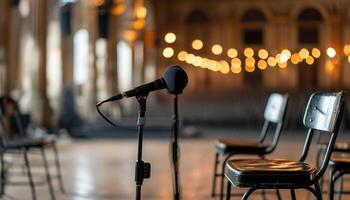 Microphone on stand in empty hall photo