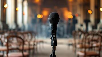 Microphone on stand in a blurry event hall photo
