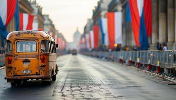 Old bus on a city street decorated with flags. photo