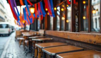Outdoor cafe tables and chairs on a Parisian street. photo