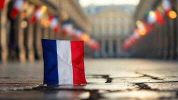 French flag on cobblestone street photo