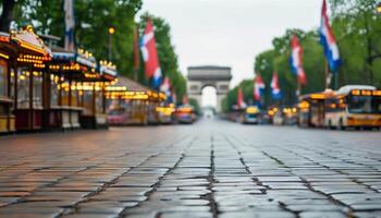 Parisian street scene with Arc de Triomphe in the background photo
