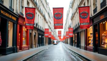 Parisian street with red banners photo