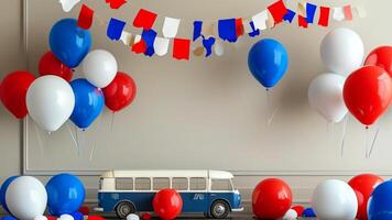 Patriotic party decorations with balloons and bus photo