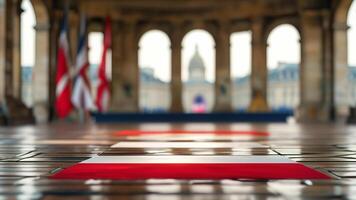Polish flag on table, UK and other flags in background photo