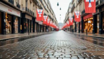 Rainy day in a Parisian street with flags photo