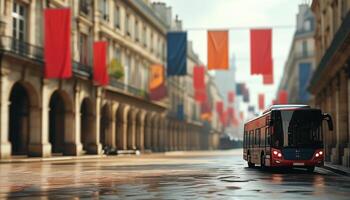 Red bus on a rainy Parisian street photo