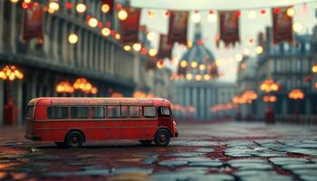 Red vintage bus model on cobblestone street at night. photo