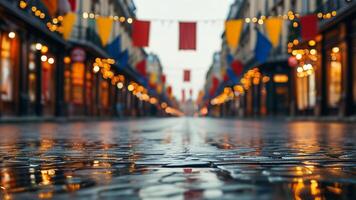 Rainy cobblestone street with festive flags photo