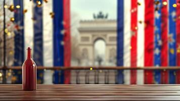 Red wine bottle on wooden table with Arc de Triomphe view photo