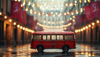 Red toy bus on wet street at night. City lights bokeh background. photo