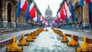 Road barriers and flags in Paris photo