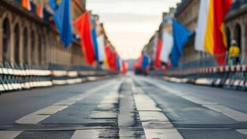 Road lined with flags, anticipation of a parade or celebration. photo