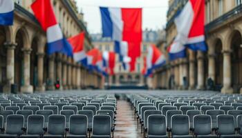 Rows of empty chairs in a public square with French flags photo