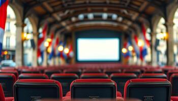 Rows of red seats in an empty cinema. photo