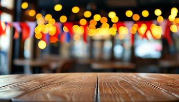Rustic table in a bokeh restaurant setting. photo