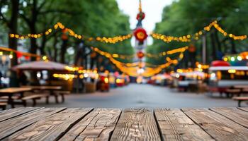 Rustic table in front of blurred festive street market. photo
