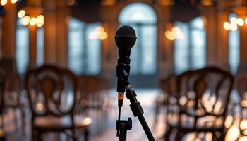 Single microphone in a grand hall, ready for a speech or performance. photo