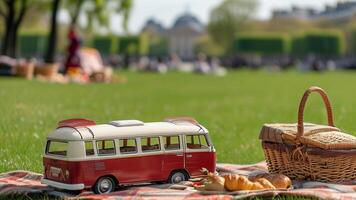 Toy camper van at a picnic in the park photo