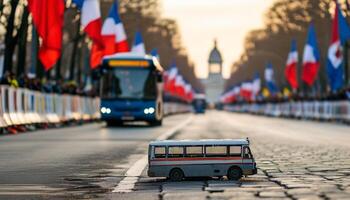 Toy bus on city street with parade in background photo